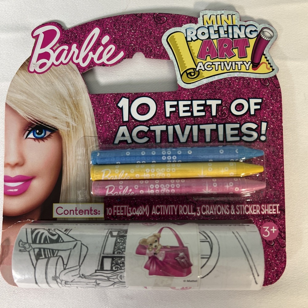 2012 Barbie ROLLING ART ACTIVITY SET -COLORING FUN -Crayons, Sticker Sheet, Roll